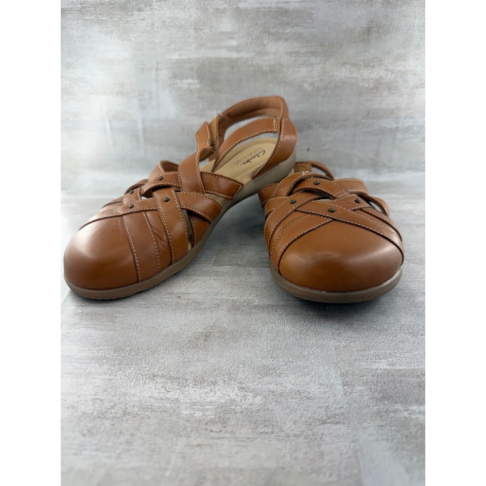 Clarks Collection Tan Leather Fisherman Sandals Closed Toe Flats Women Sz 10M